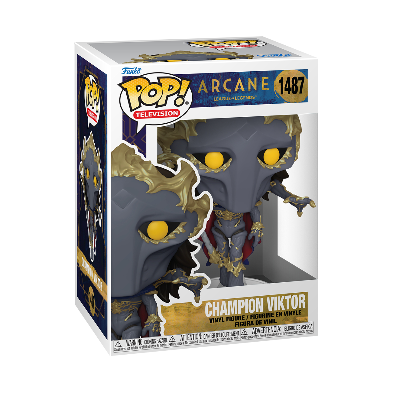 Funko Pop! Figur, Champion Viktor aus Arcane, in der Box. Figur ist grau mit goldenen Akzenten, gelben Augen und rotem Umhang.