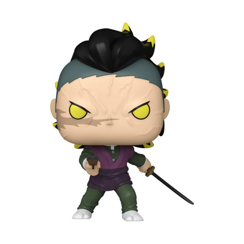 Funko Pop! Figur. Ein Charakter mit vernarbtem Gesicht, der eine Pistole und ein Schwert hält.