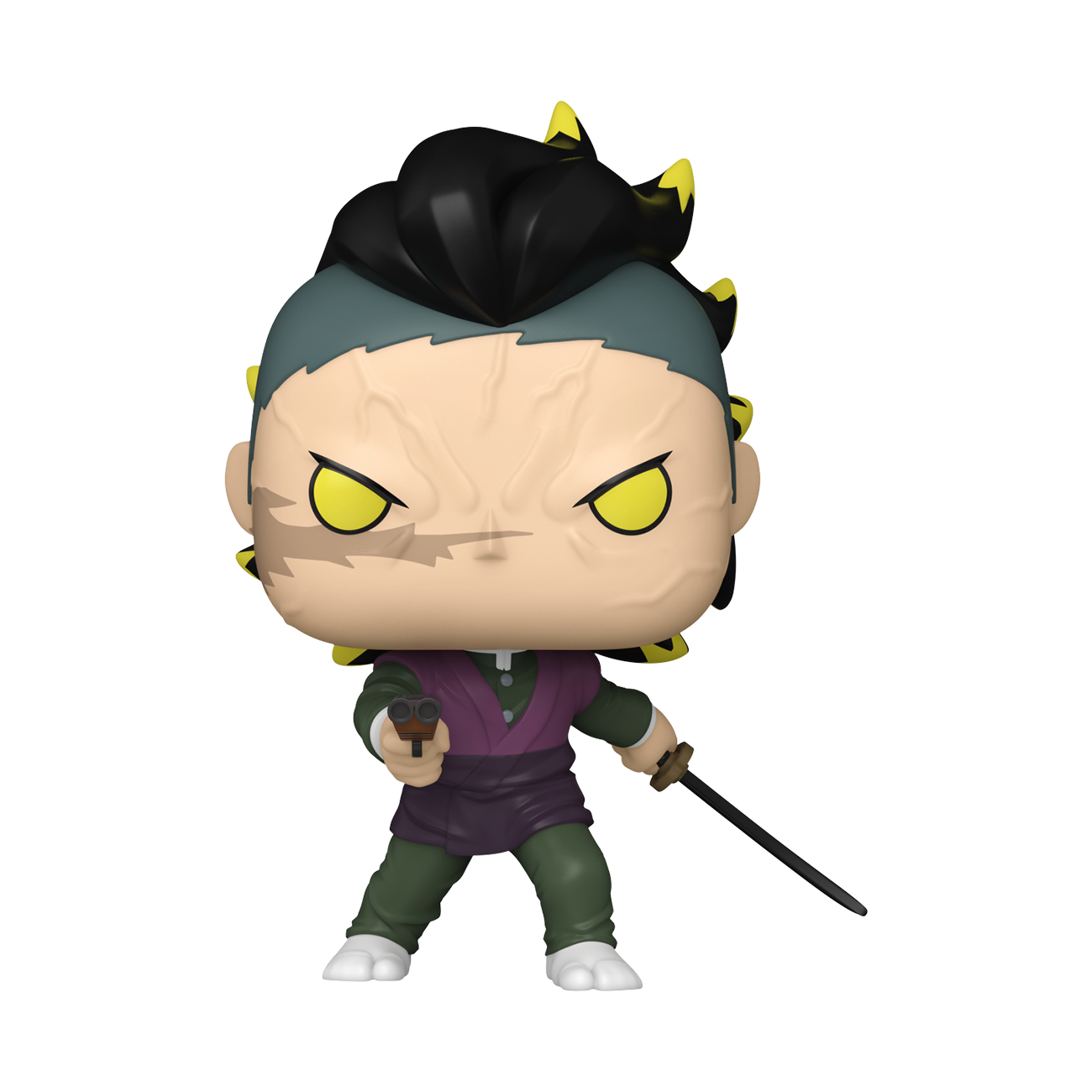 Eine Funko Pop Figur einer Figur mit schwarzen Haaren mit gelben Akzenten, die eine Pistole und ein Schwert hält.