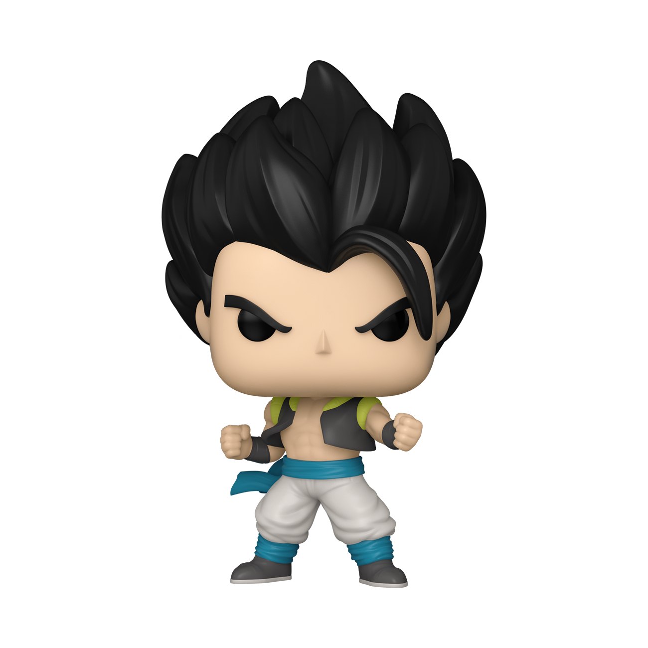 Funko Pop! Figur. Charakter mit schwarzen Stachelhaaren, trägt eine Weste und weiße Hose.