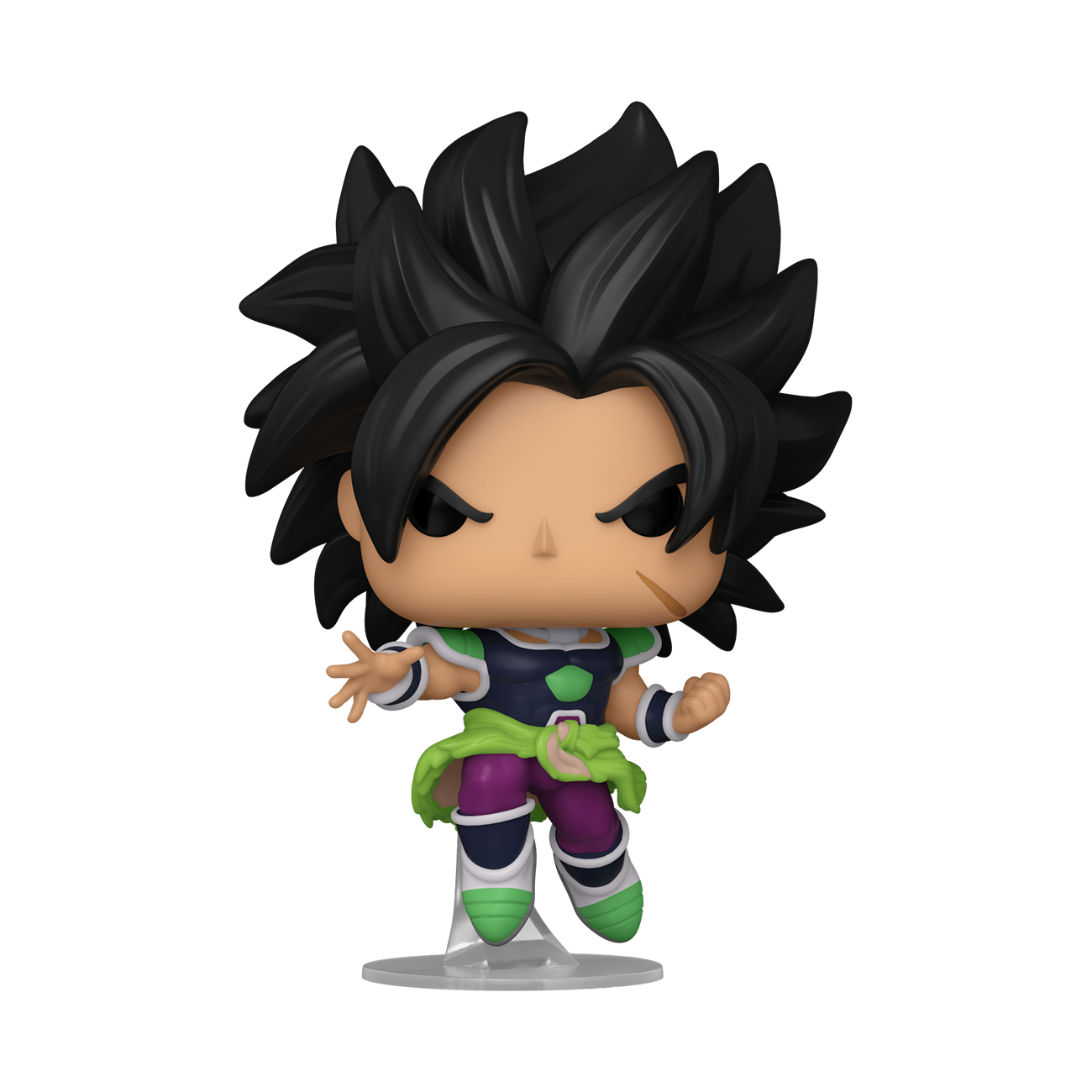 Eine Funko Pop einer schwarzhaarigen Mannes mit grüner und lila Kleidung.