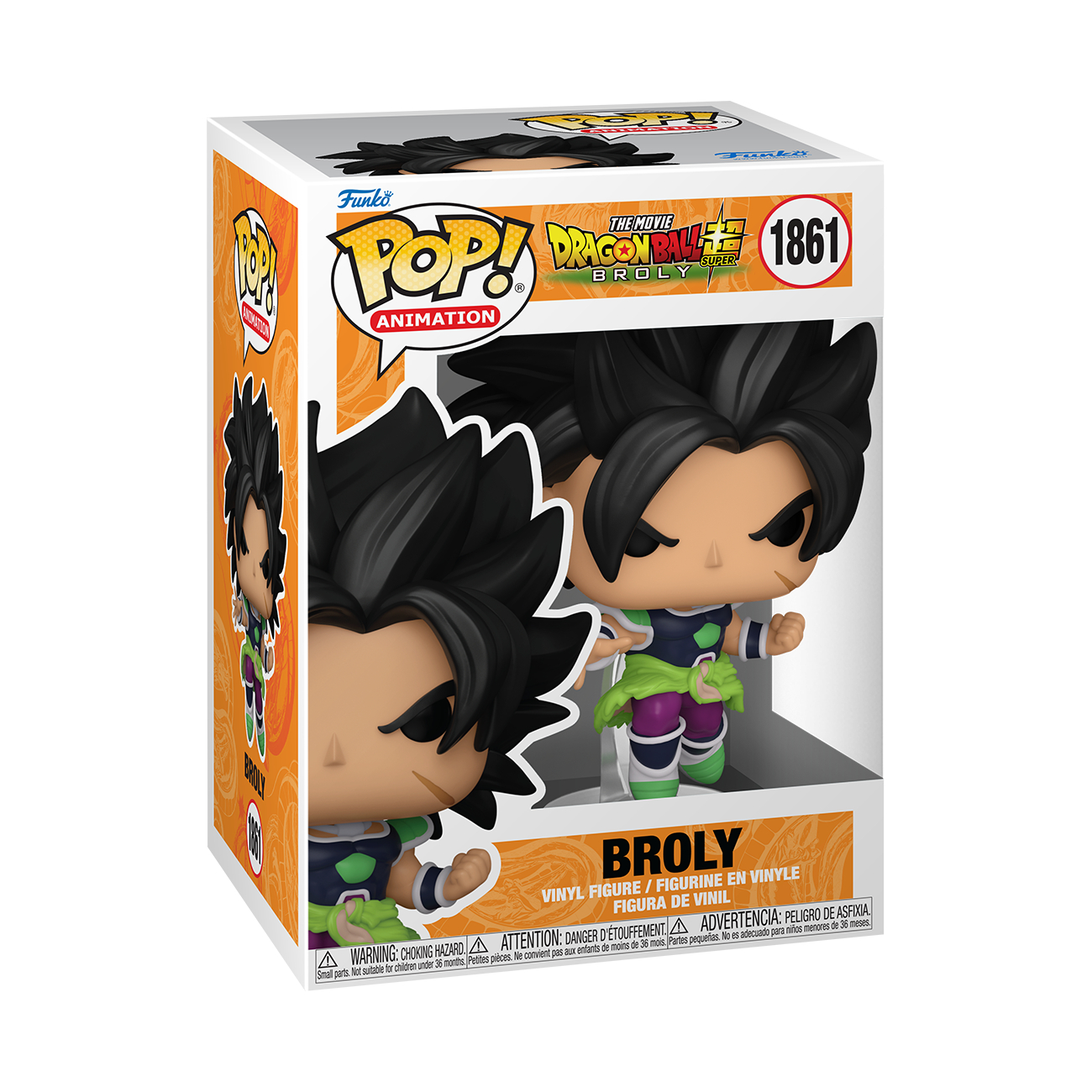 Broly-Figur in einer Box, der Charakter aus Dragon Ball, Text 'BROLY' und 'POP!' auf der Box.