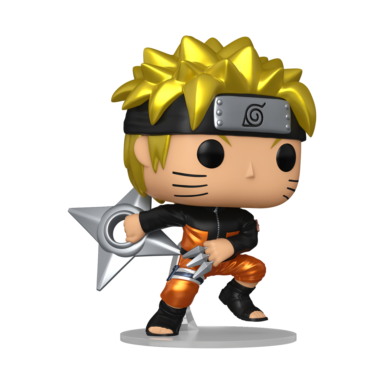 Naruto-Figur. Orange-schwarzes Outfit, hält Stern-Shuriken.