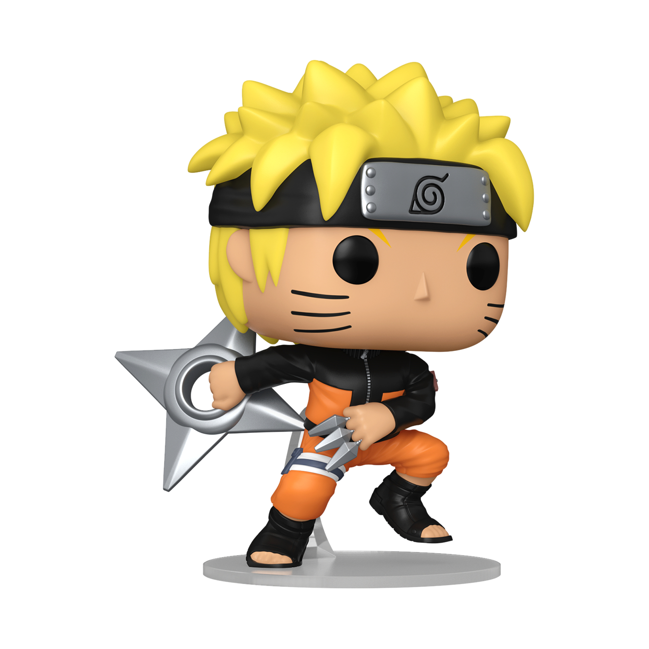 Funko Pop! Figur. Charakter in orangefarbener Kleidung, mit stacheligem gelbem Haar und Sternwaffe.