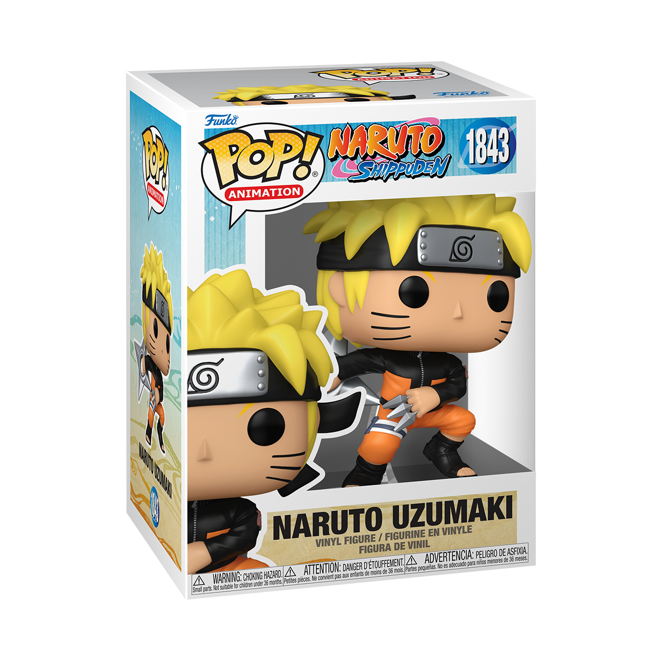 Box von Naruto Funko Pop! Figur. Naruto Figur in orangefarbenem Outfit, mit einem Kunai.