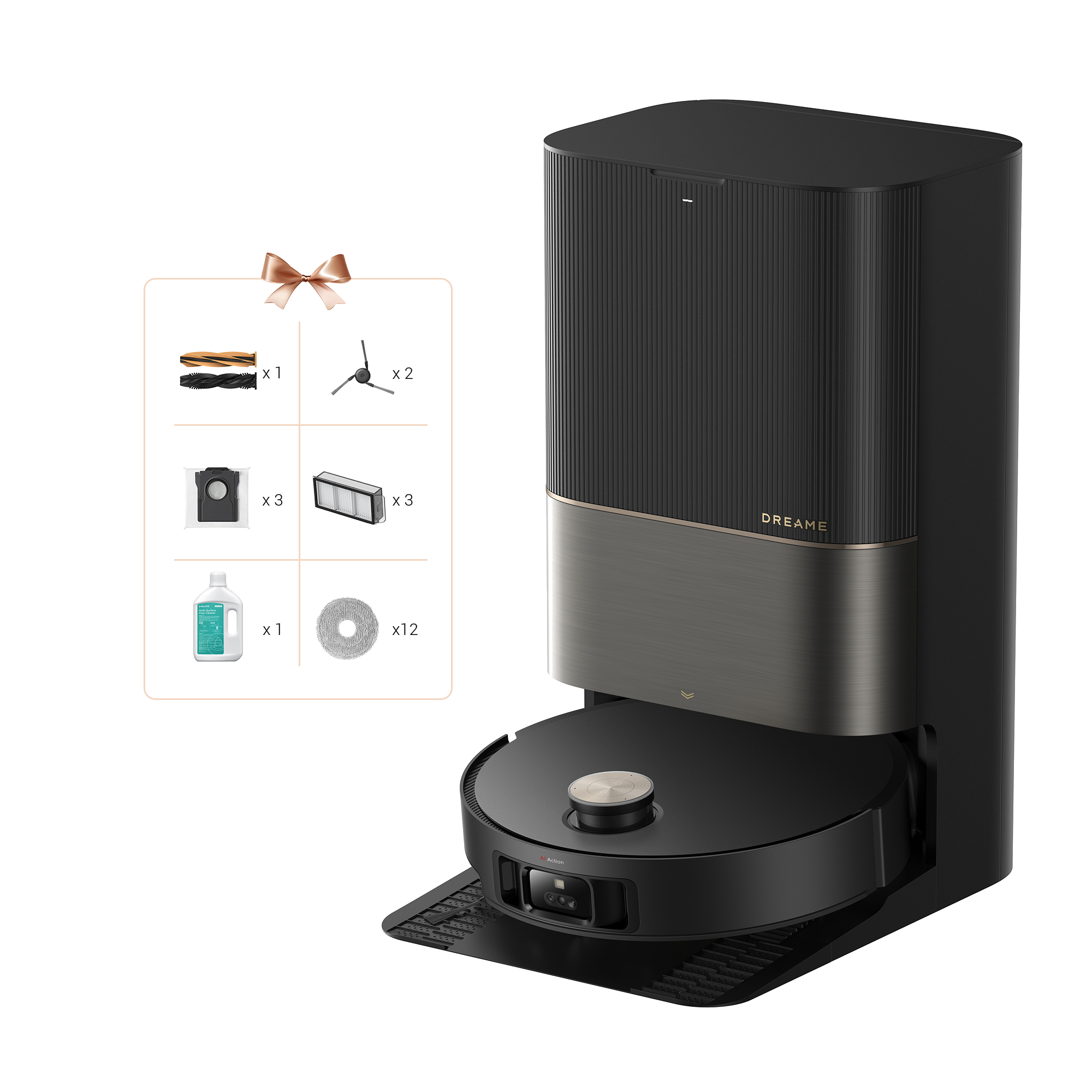 Schwarzer und dunkelgrauer Roboter-Staubsauger mit Zubehör, präsentiert auf weißem Hintergrund.