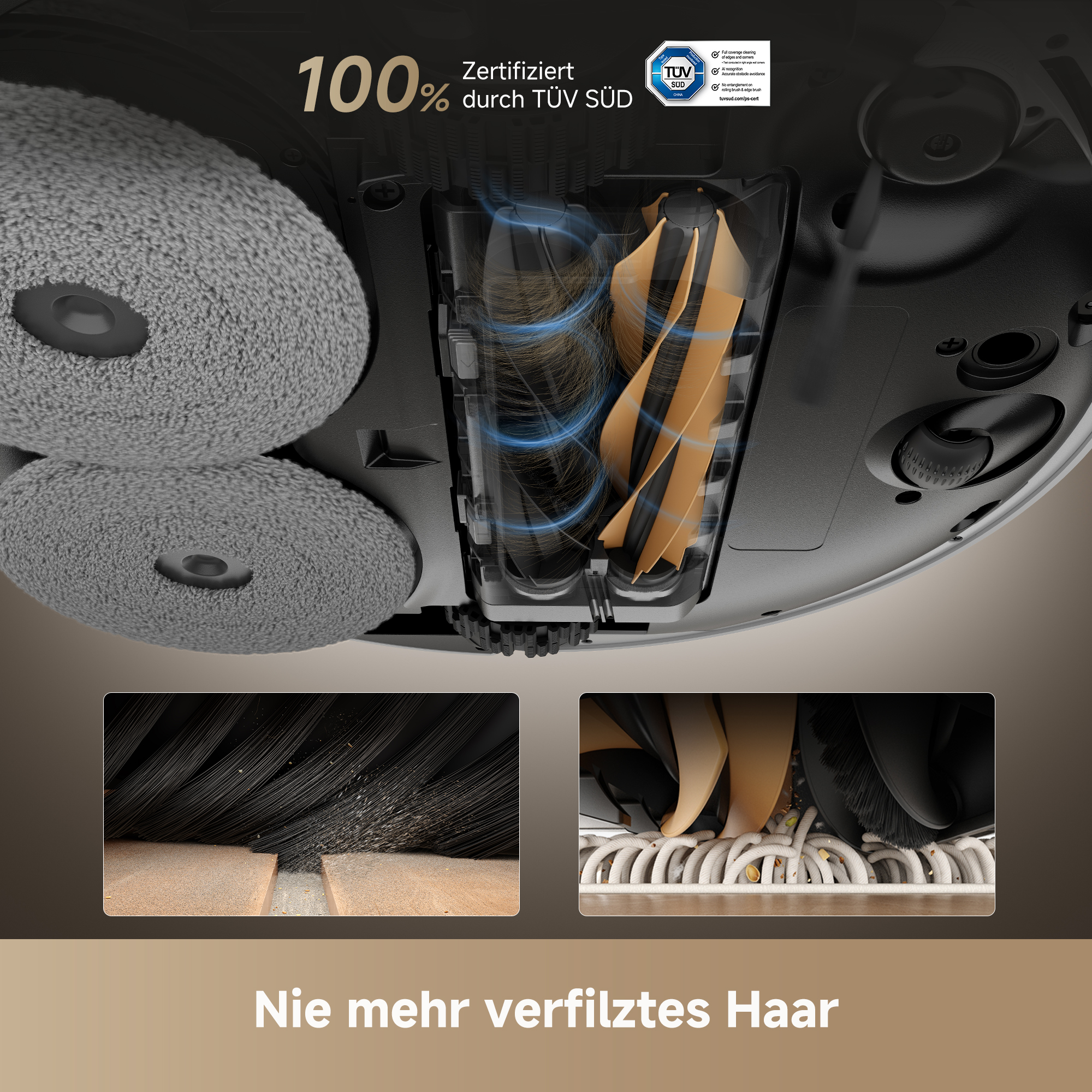 Nahaufnahme eines Roboter-Staubsaugers, der die Bürsten- und Staubbehälterkomponenten zeigt.