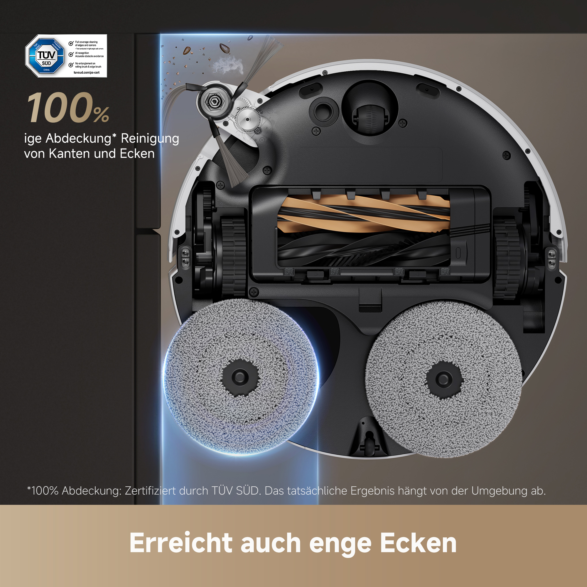 Ein Roboter-Staubsauger. Er hat zwei runde Reinigungspads und einen zentralen Bürstenbereich.