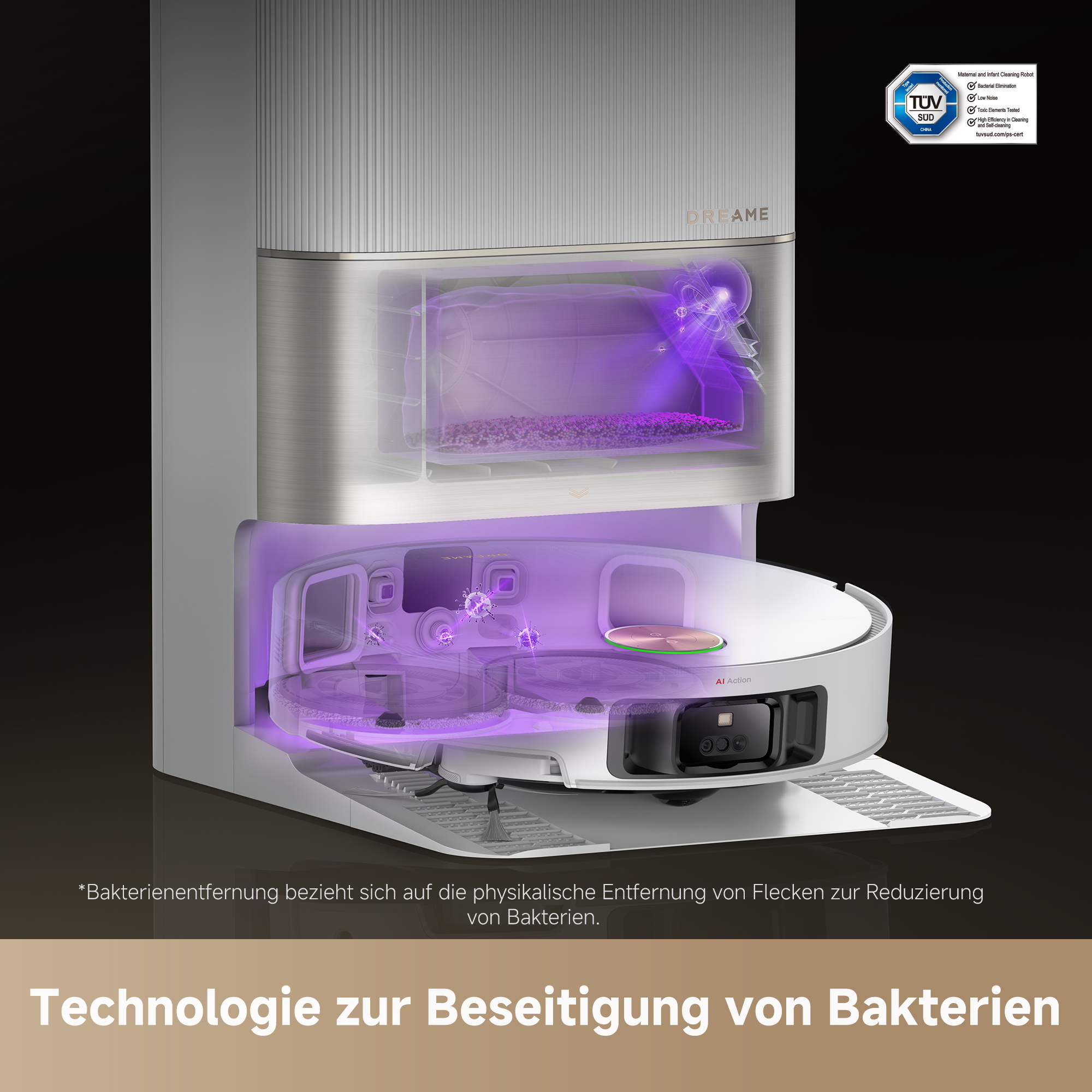 Ein weißer und silberner Roboter-Staubsauger mit einer Reinigungsstation. Es zeigt ein UV-Licht.