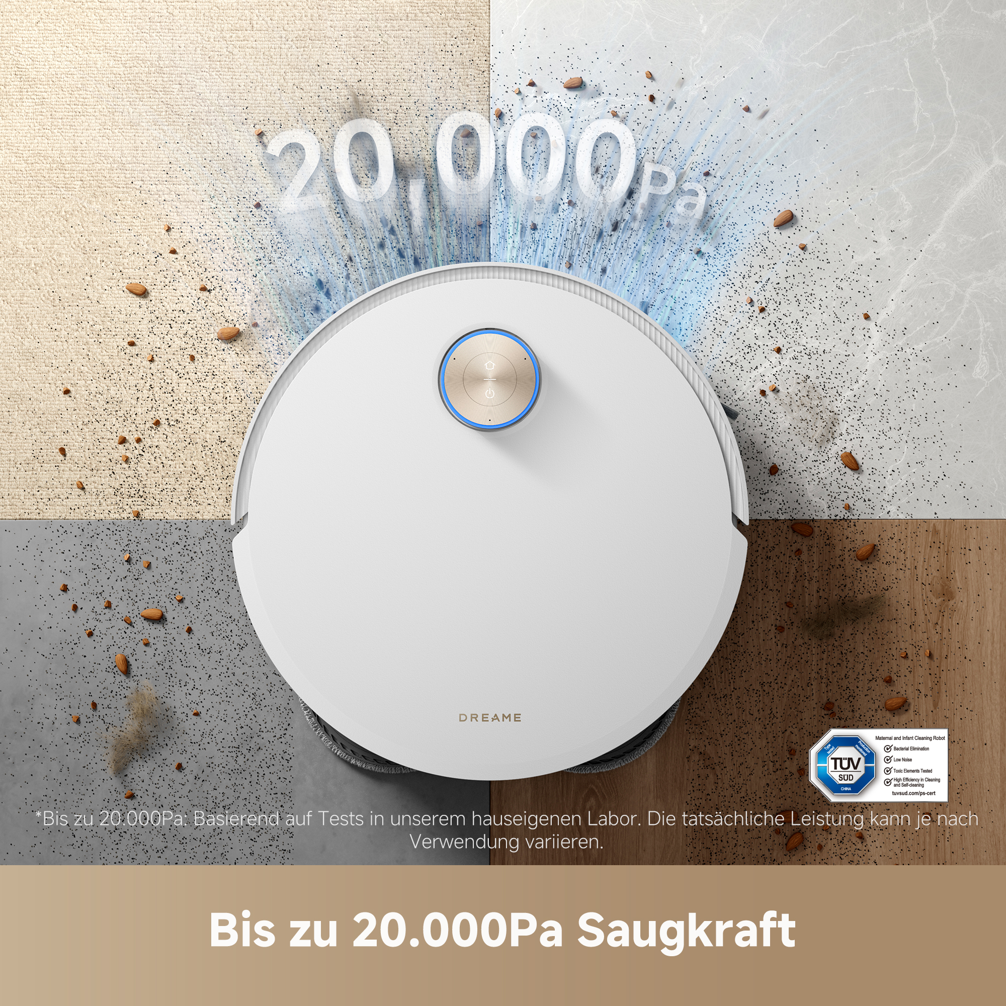 Roboter-Staubsauger mit Text '20.000Pa'. Hintergrund zeigt verschiedene Bodenstrukturen.