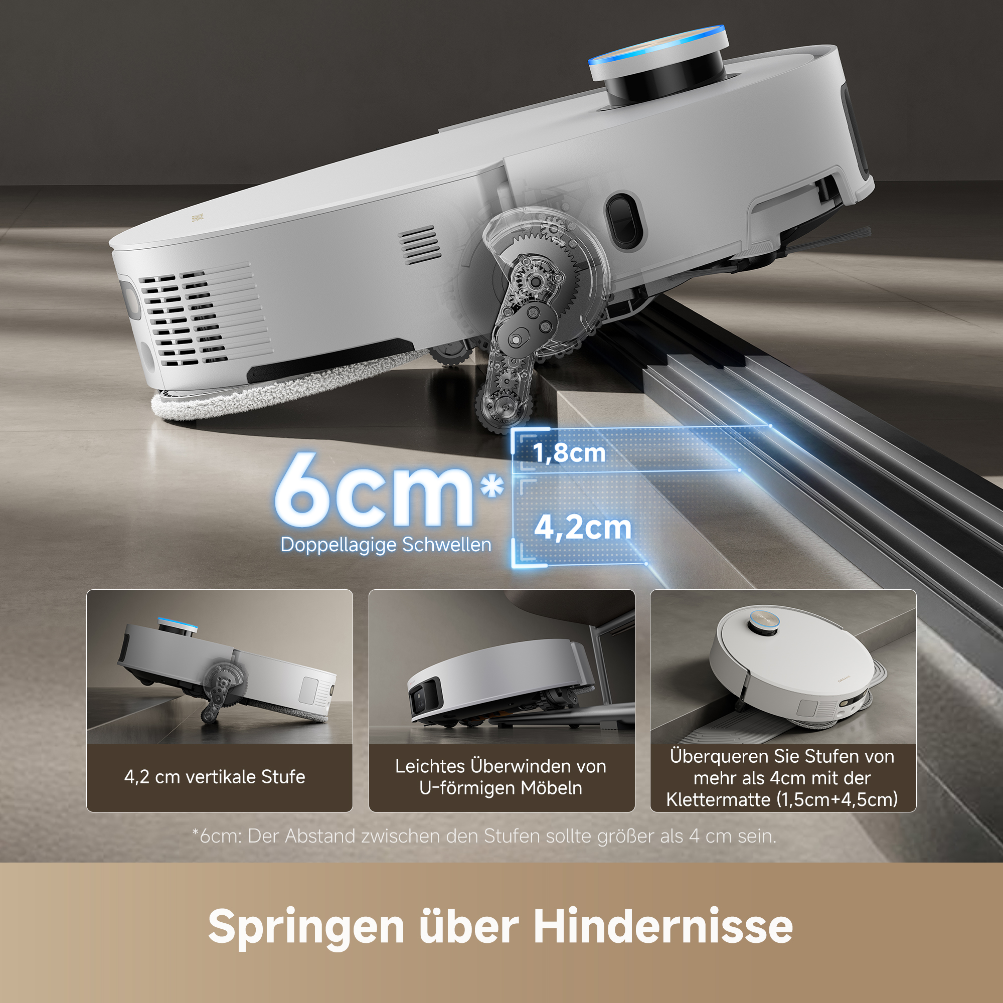 Ein weißer Roboterstaubsauger, der über eine Stufe klettert.
