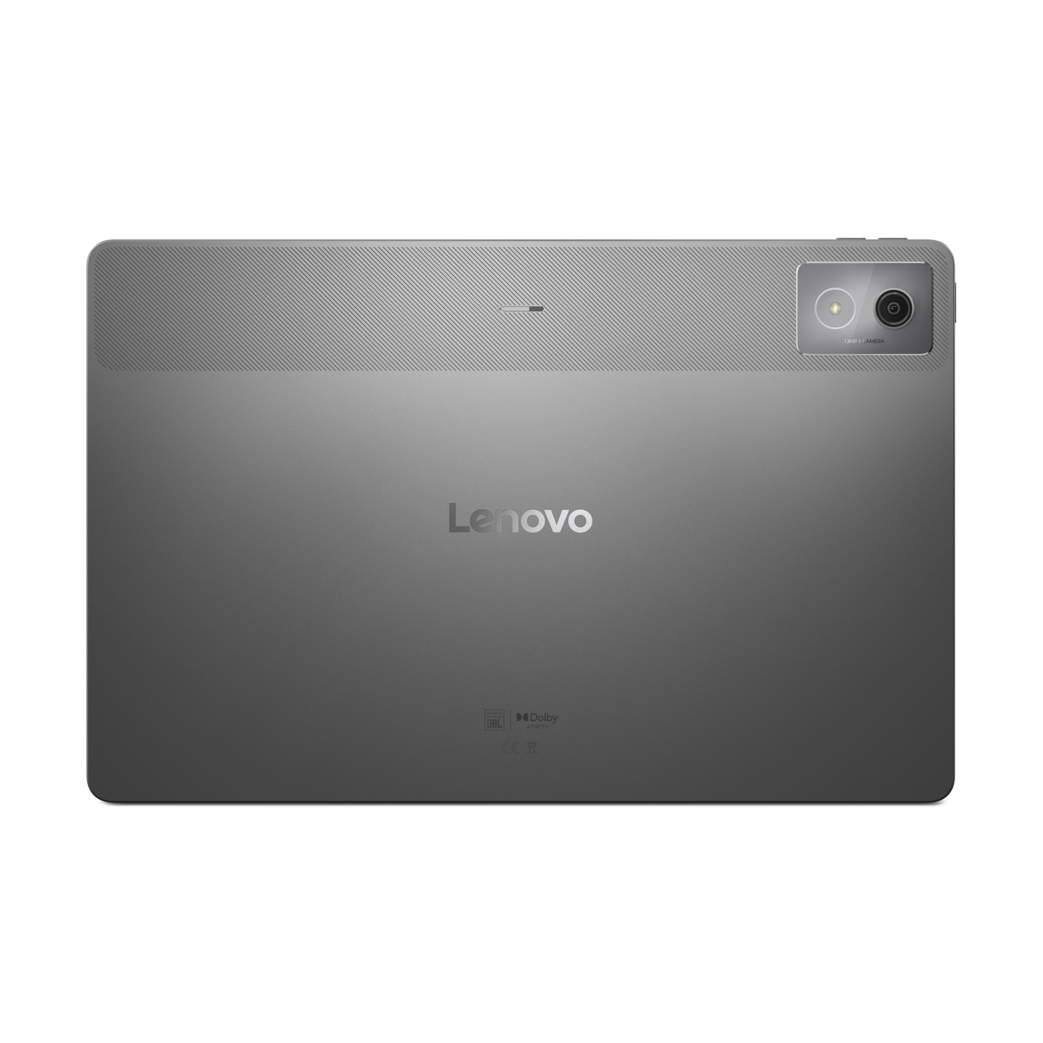 Un tablet grigio, vista posteriore, con una fotocamera e il testo Lenovo.