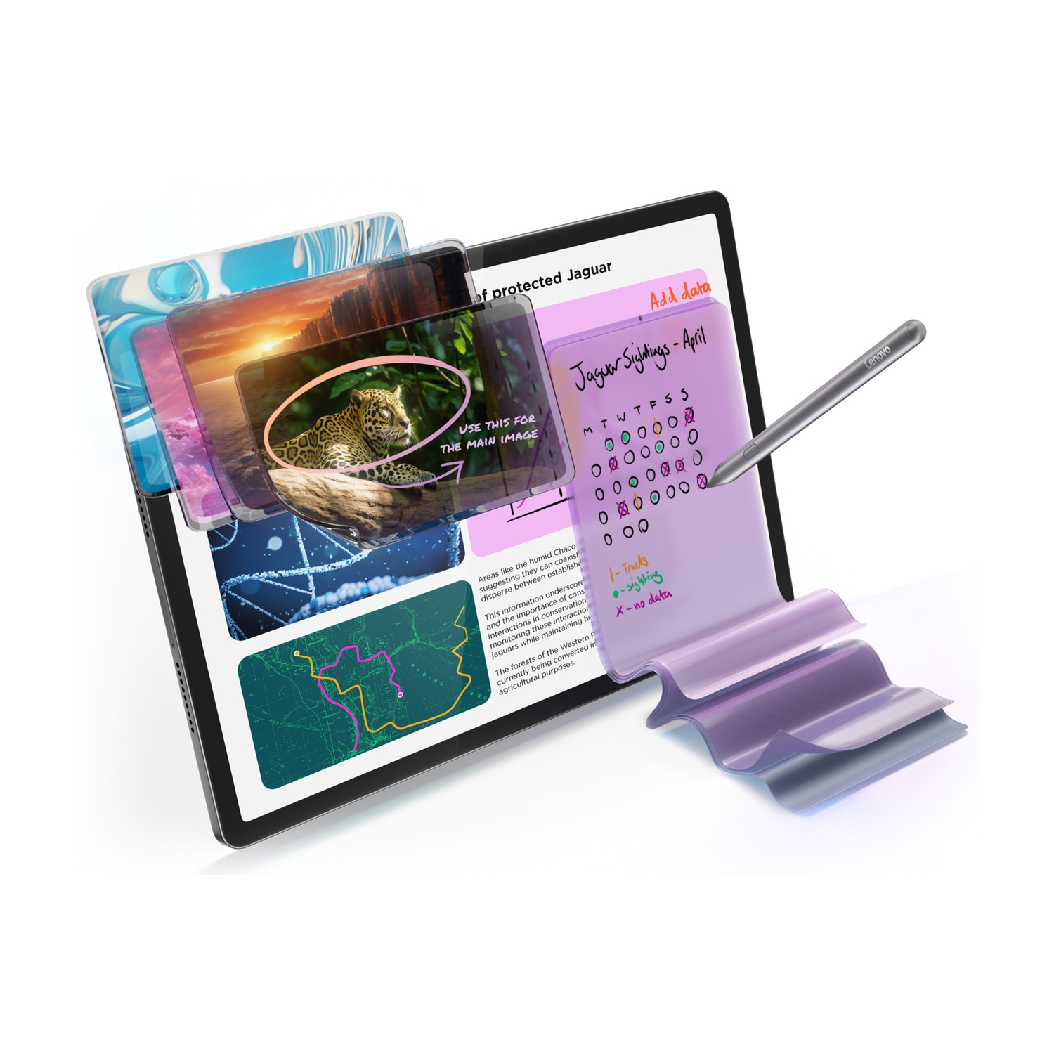 Un tablet che mostra immagini e note, con una penna digitale appoggiata su una pergamena viola.