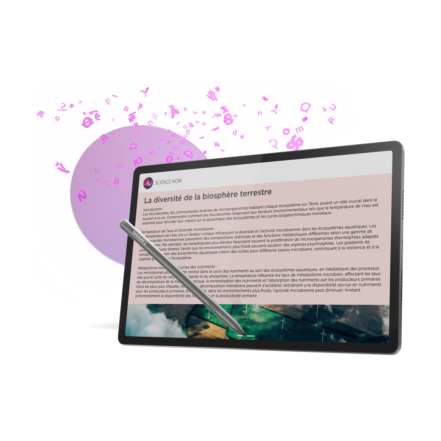 Tablet che mostra un articolo scientifico sulla diversità della biosfera, con uno stilo.