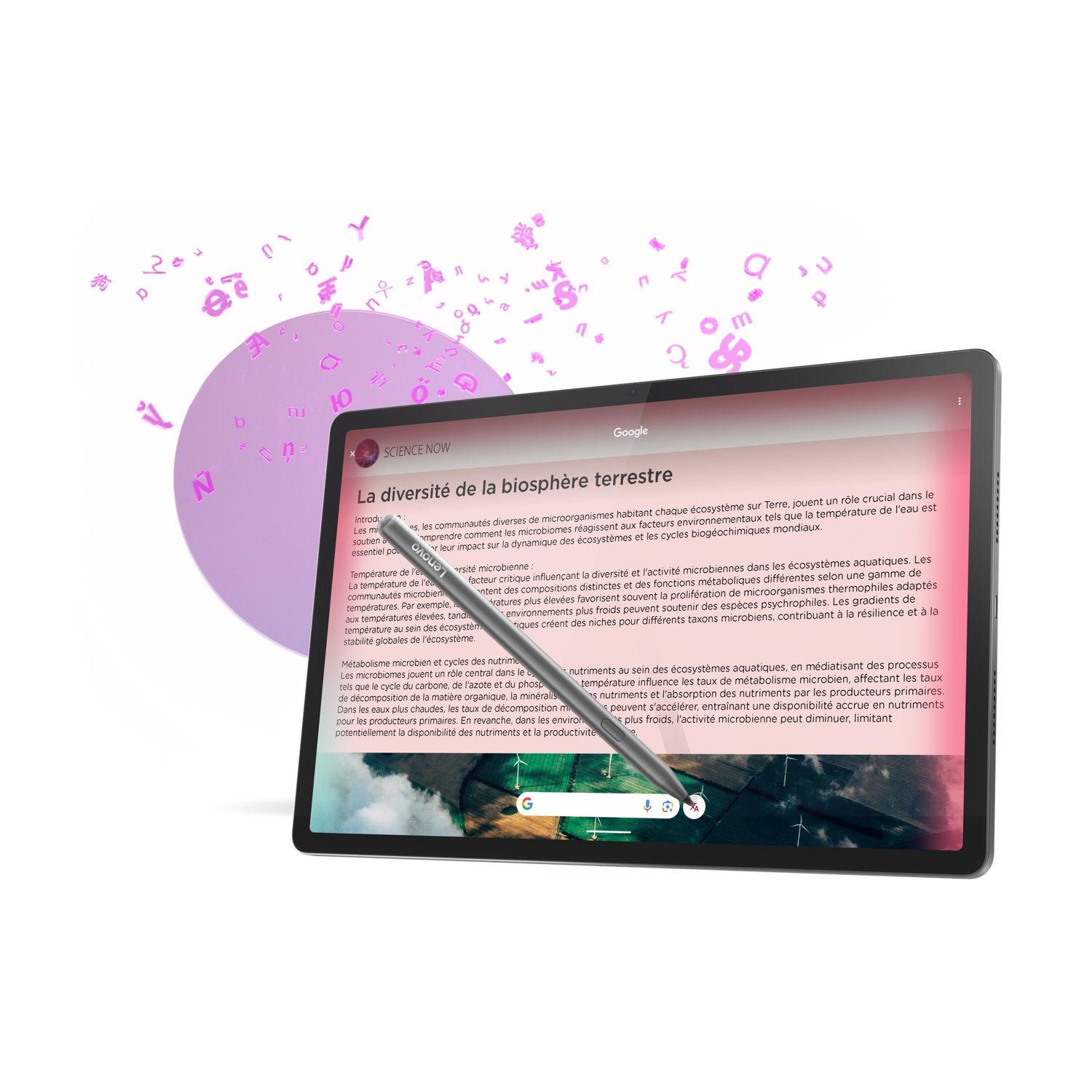 Tablet che mostra un articolo scientifico sulla diversità della biosfera, con uno stilo.
