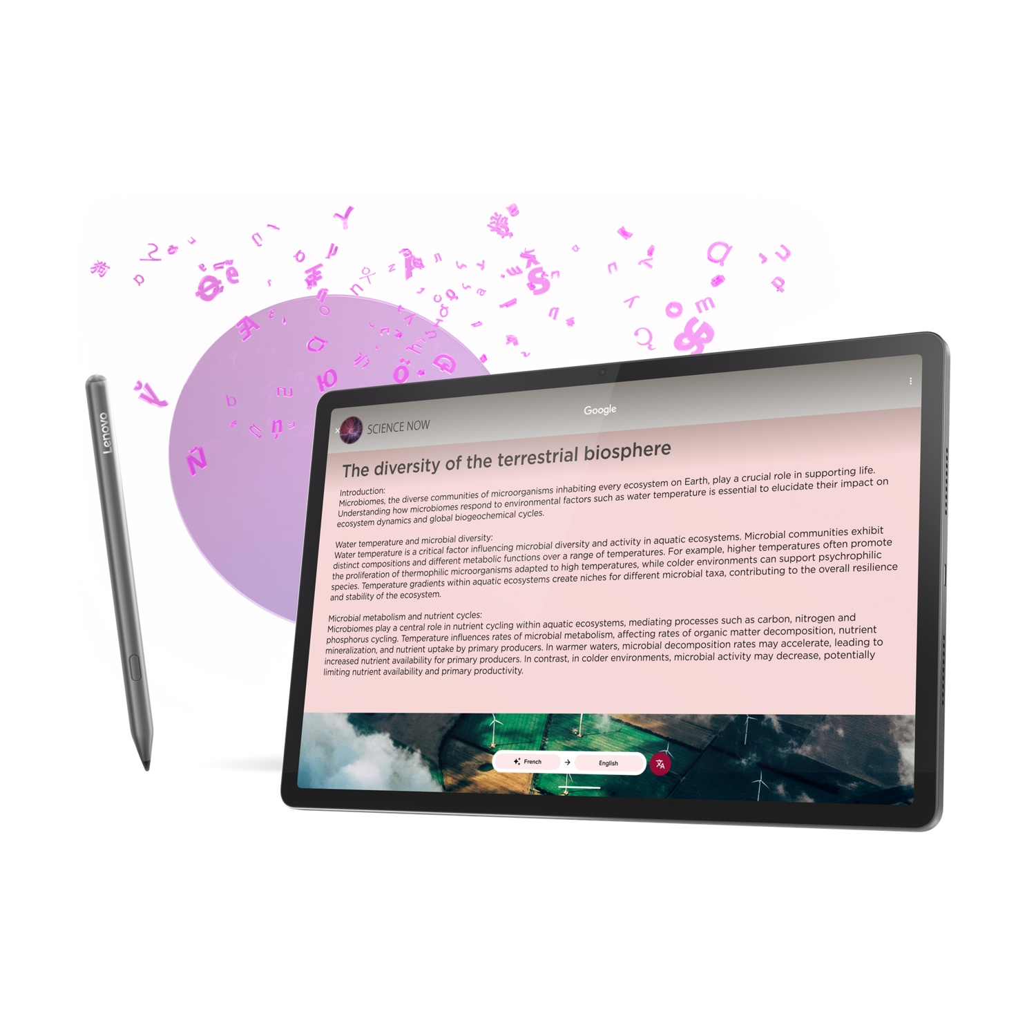 Un tablet che mostra un articolo scientifico con una penna in primo piano ed elementi di sfondo.