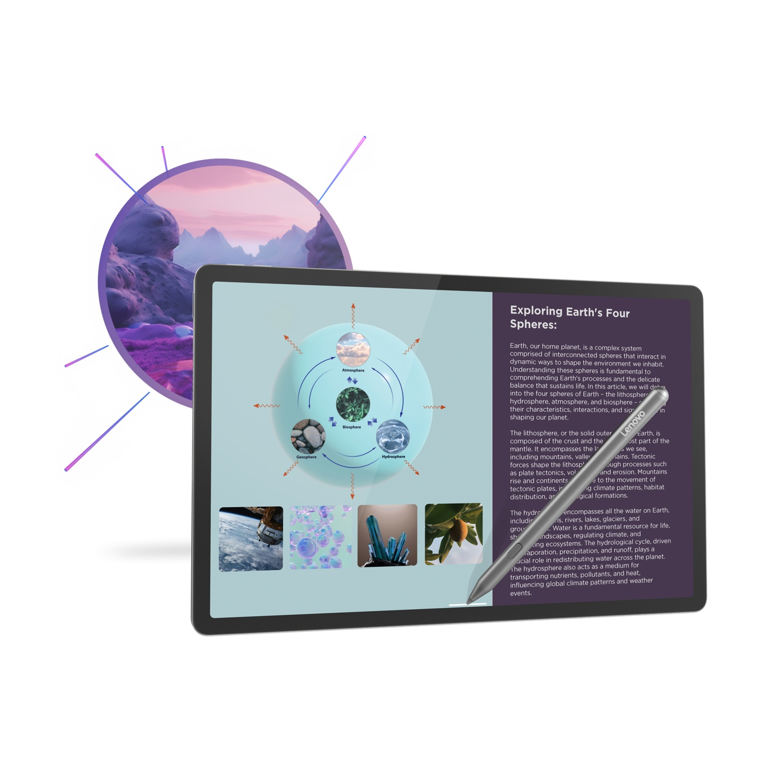 Tablet che mostra un articolo sulle sfere terrestri, con uno stilo ed elementi grafici astratti.