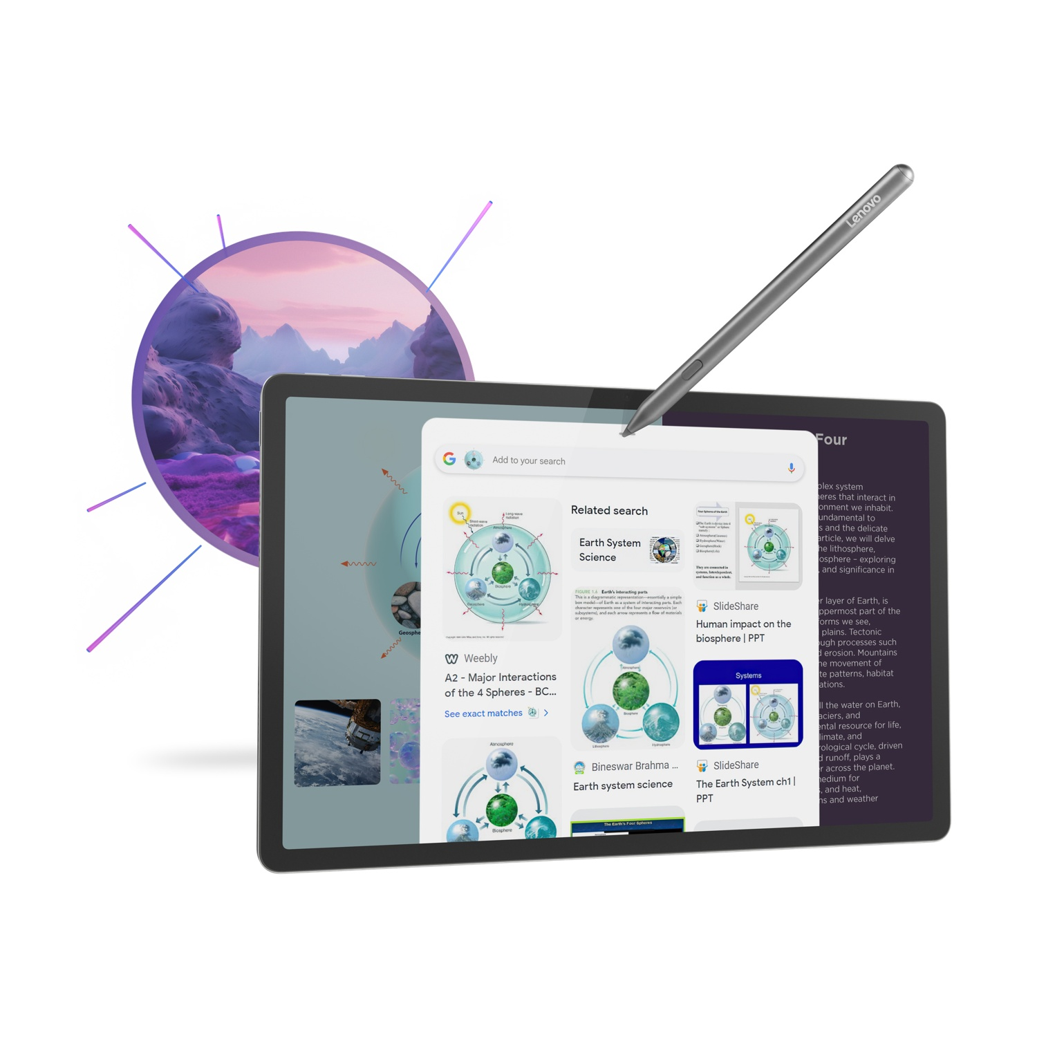 Tablet che mostra un risultato di ricerca sulle sfere terrestri, con uno stilo.