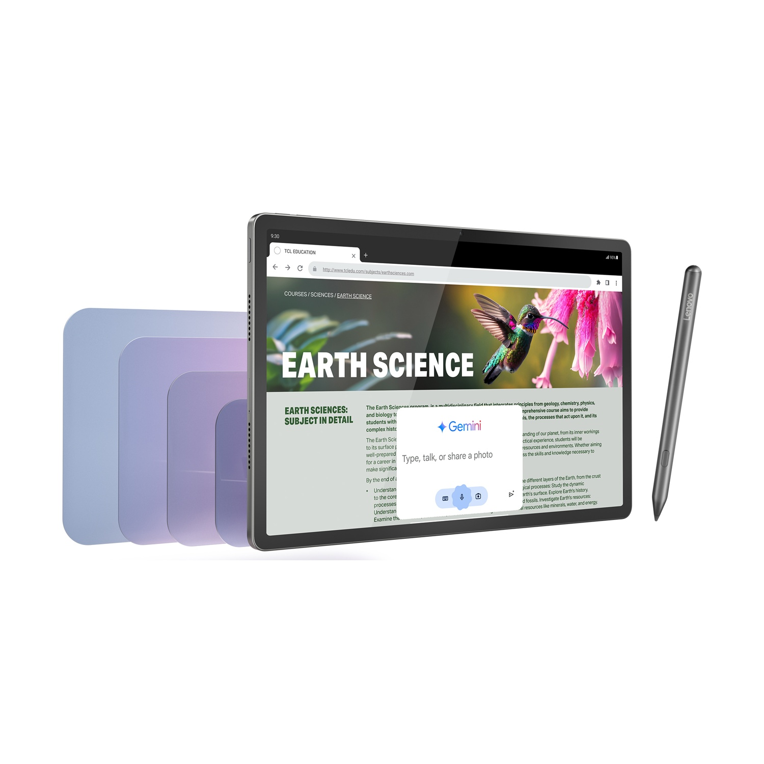 Tablet con pagina Scienze della Terra, penna e forme sfumate.