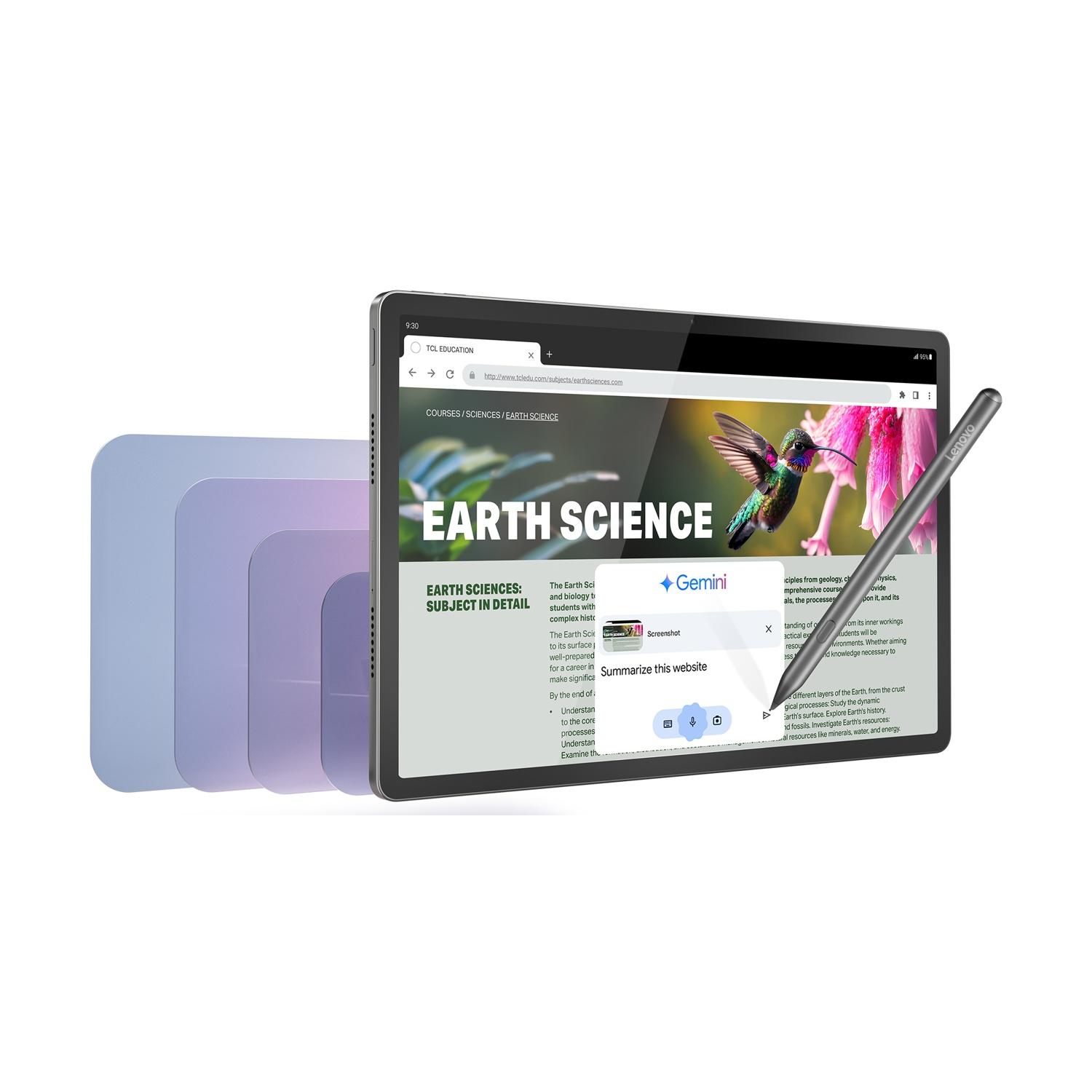 Tablet con pagina Scienze della Terra, stilo e forme sfumate.