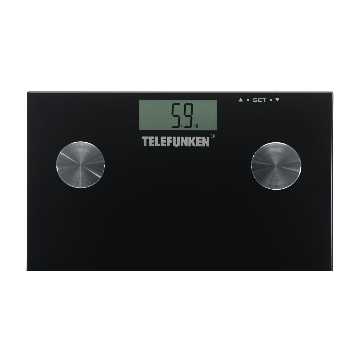 Una bilancia Telefunken nera mostra 5,9 kg. Due pulsanti argentati sui lati.