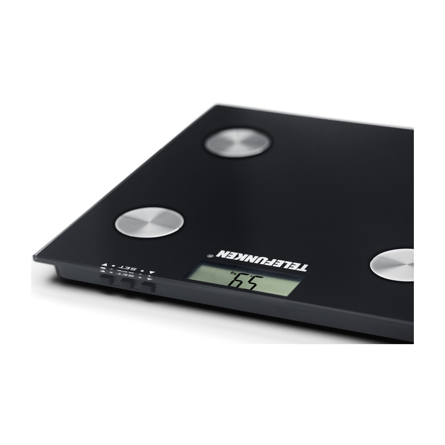 Bilancia Telefunken nera che mostra 65 kg. Pulsanti argentati agli angoli. Sfondo bianco.