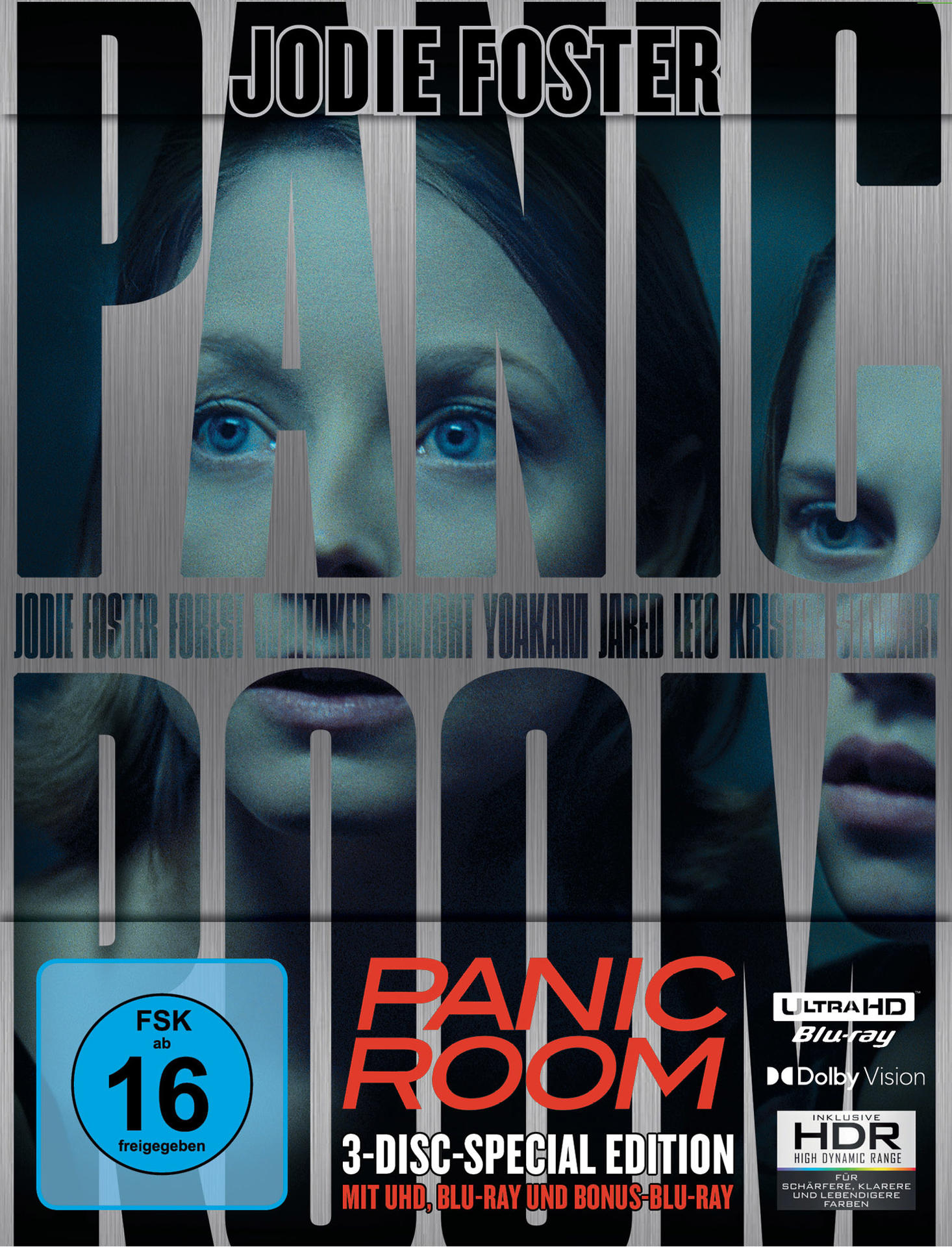 Ein Buchcover mit Jodie Foster und Text für den Film 'Panic Room'.
