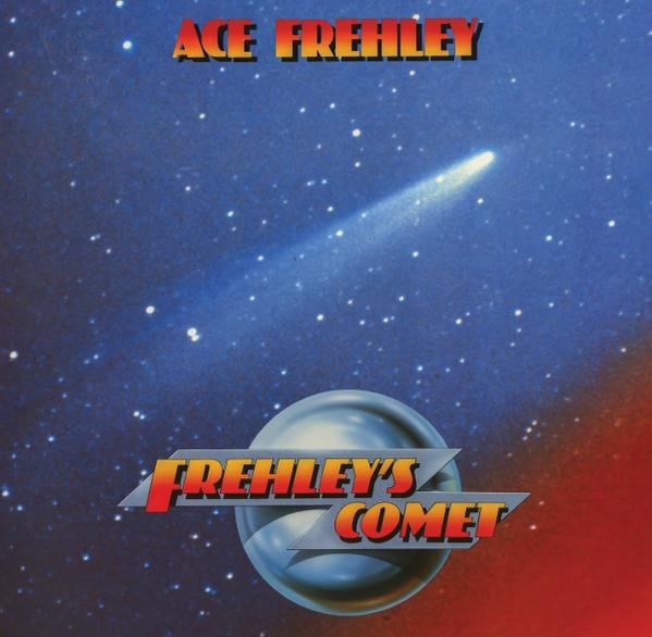 Albumcover mit einem Kometen im Weltraum. Titel: Ace Frehley. Frehley's Comet Text. Blau und Rot.