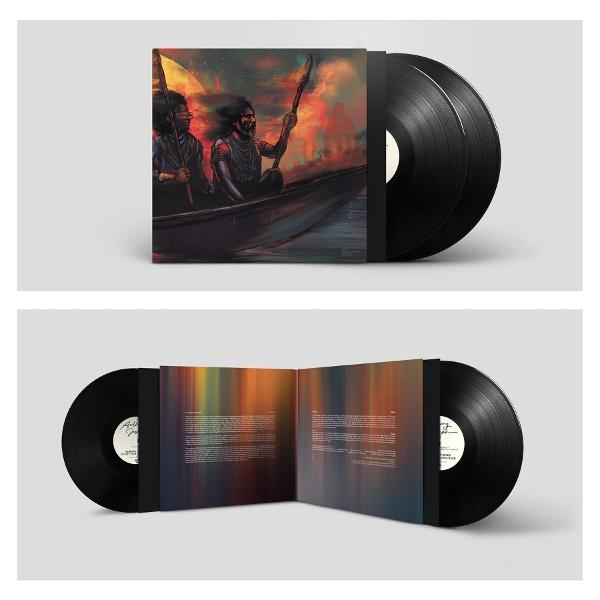 Zwei Vinylplatten und ein Gatefold-Cover mit einer gemalten Szene von Leuten in einem Boot.