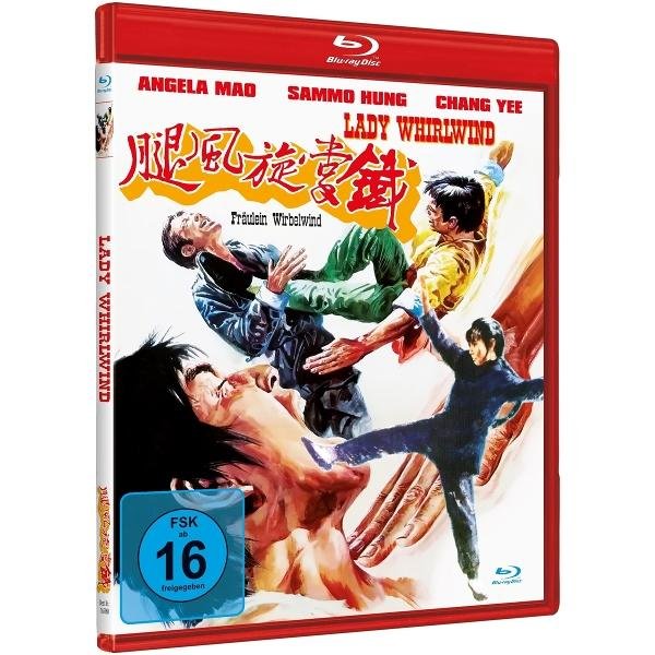 Das Bild ist eine Blu-ray-Disc-Hülle für den Film Lady Whirlwind, mit einer Szene mit drei kämpfenden Personen.