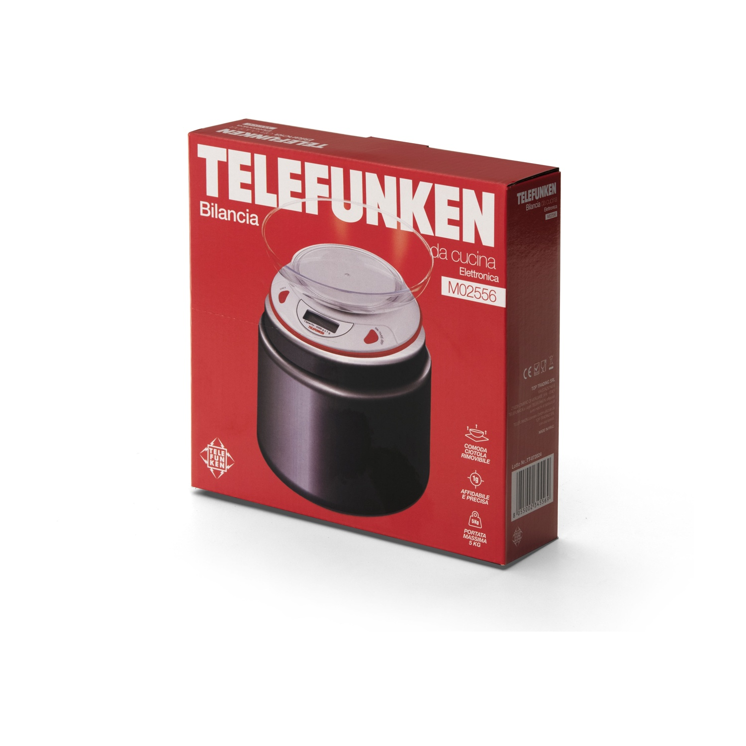 Una scatola rossa con una bilancia da cucina all'interno e il marchio TELEFUNKEN stampato sopra.