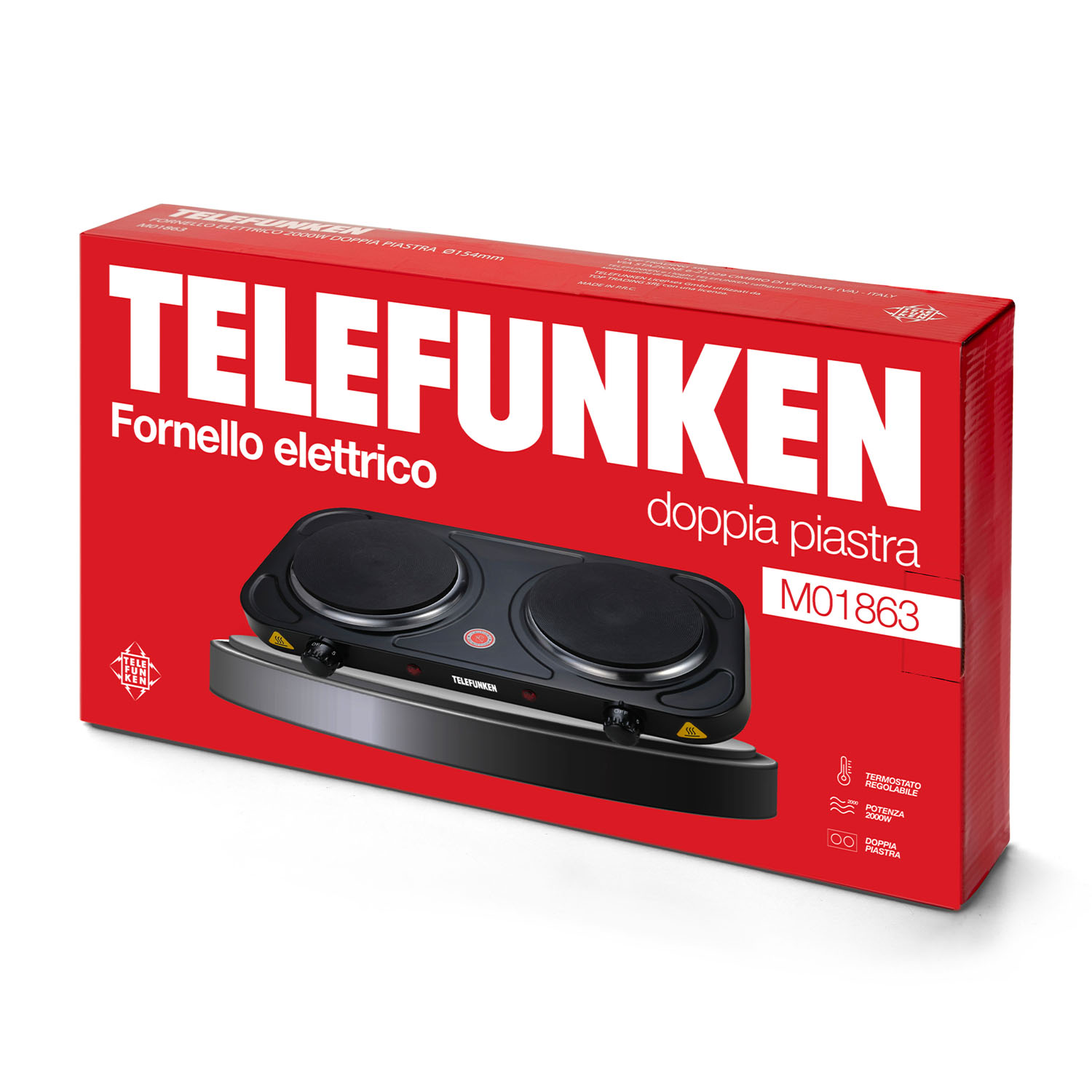 Una scatola rossa Telefunken per una piastra elettrica doppia. La scatola mostra il prodotto all'interno.