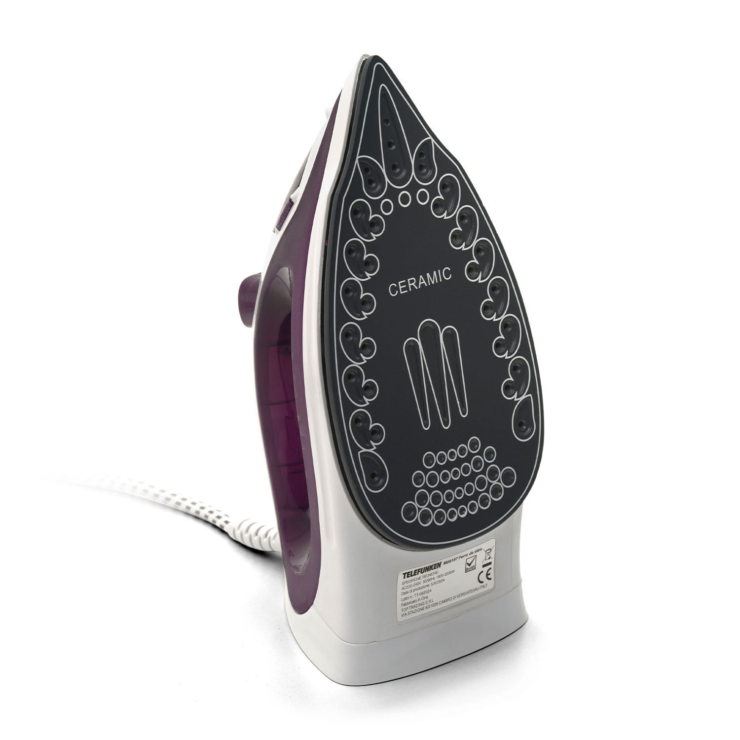 Il fondo di un ferro da stiro Telefunken bianco e viola. Ha una base in ceramica e un cavo bianco.