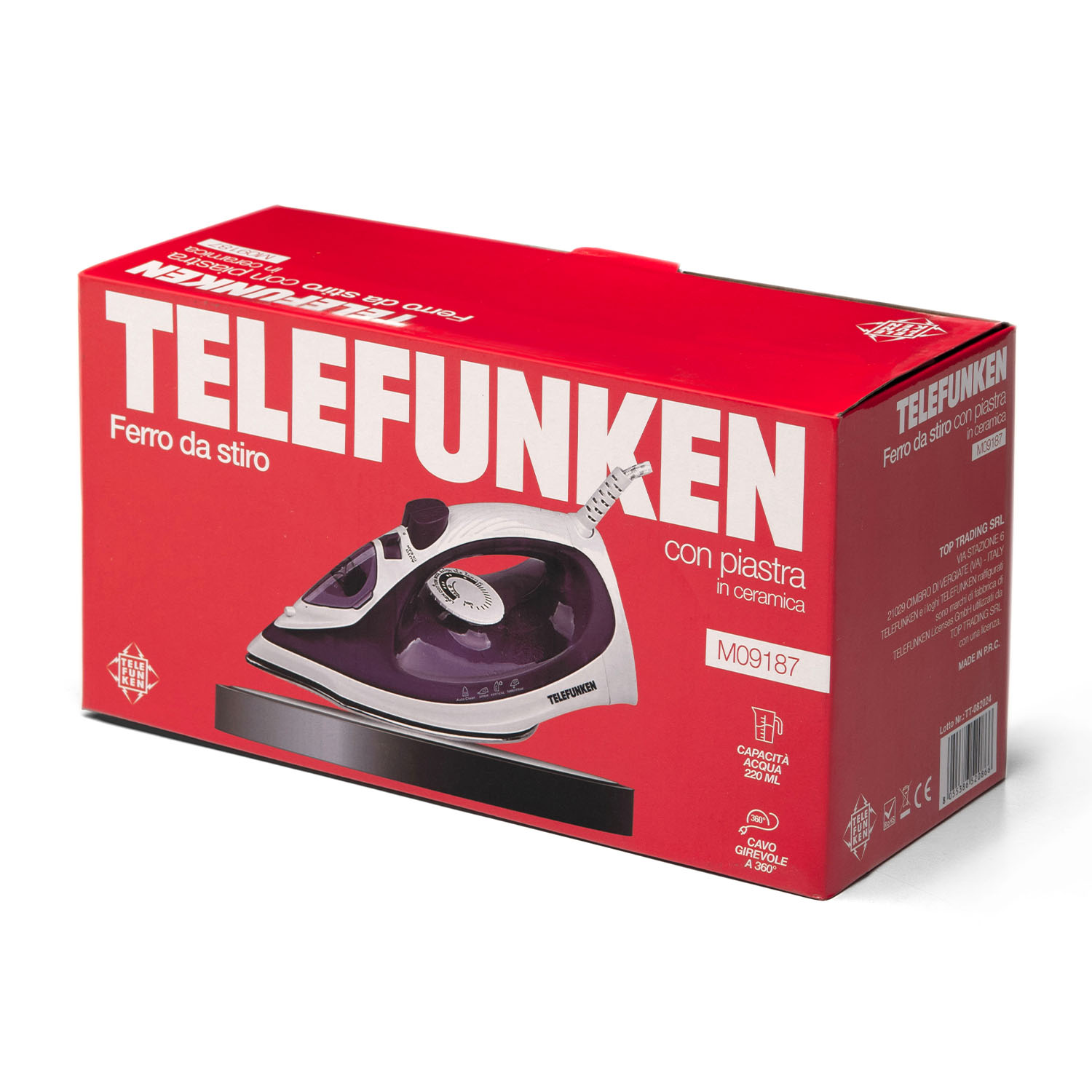 Una scatola per ferro da stiro Telefunken. È rossa e mostra il ferro. La scatola è su uno sfondo bianco.
