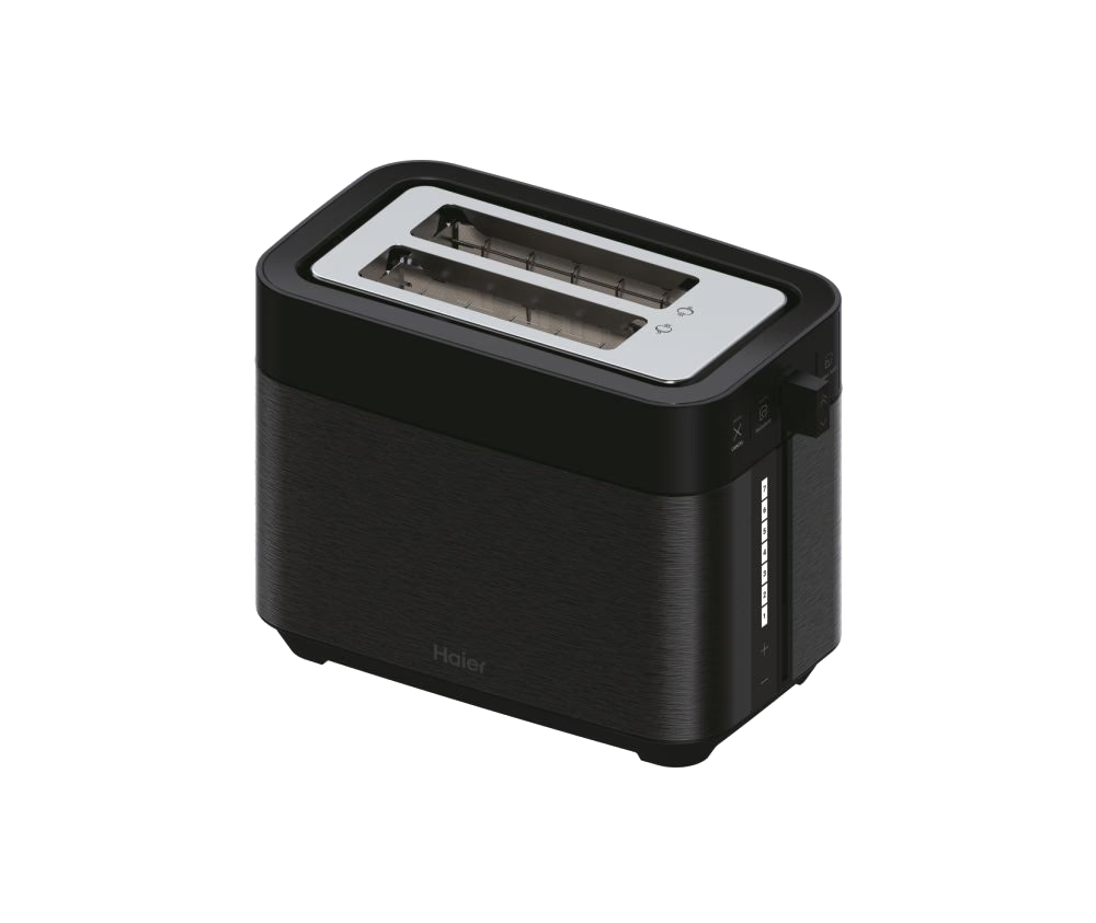 Ein schwarzer Toaster mit silberner Oberseite und dem Namen Haier.