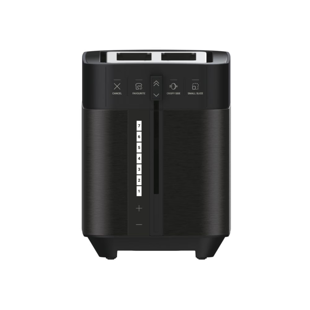 Schwarzer Toaster mit Bedienelementen, einschließlich Abbrechen, Favorit und knusprigen Einstellungen.