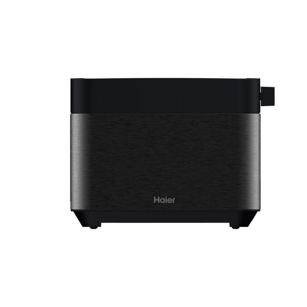 Schwarzer Toaster von der Seite, mit Haier darauf geschrieben.