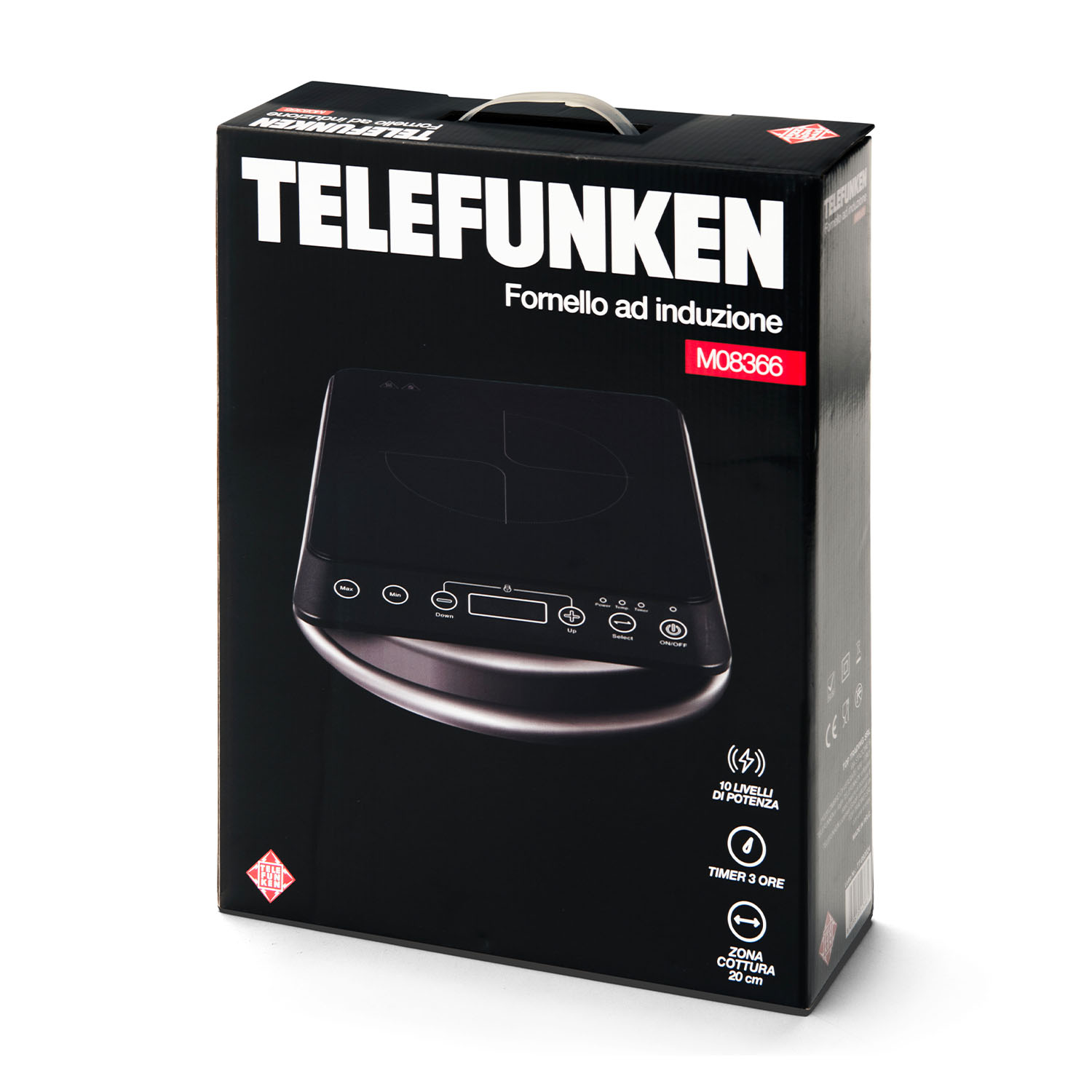 Piano cottura a induzione Telefunken in una scatola nera con le caratteristiche elencate.
