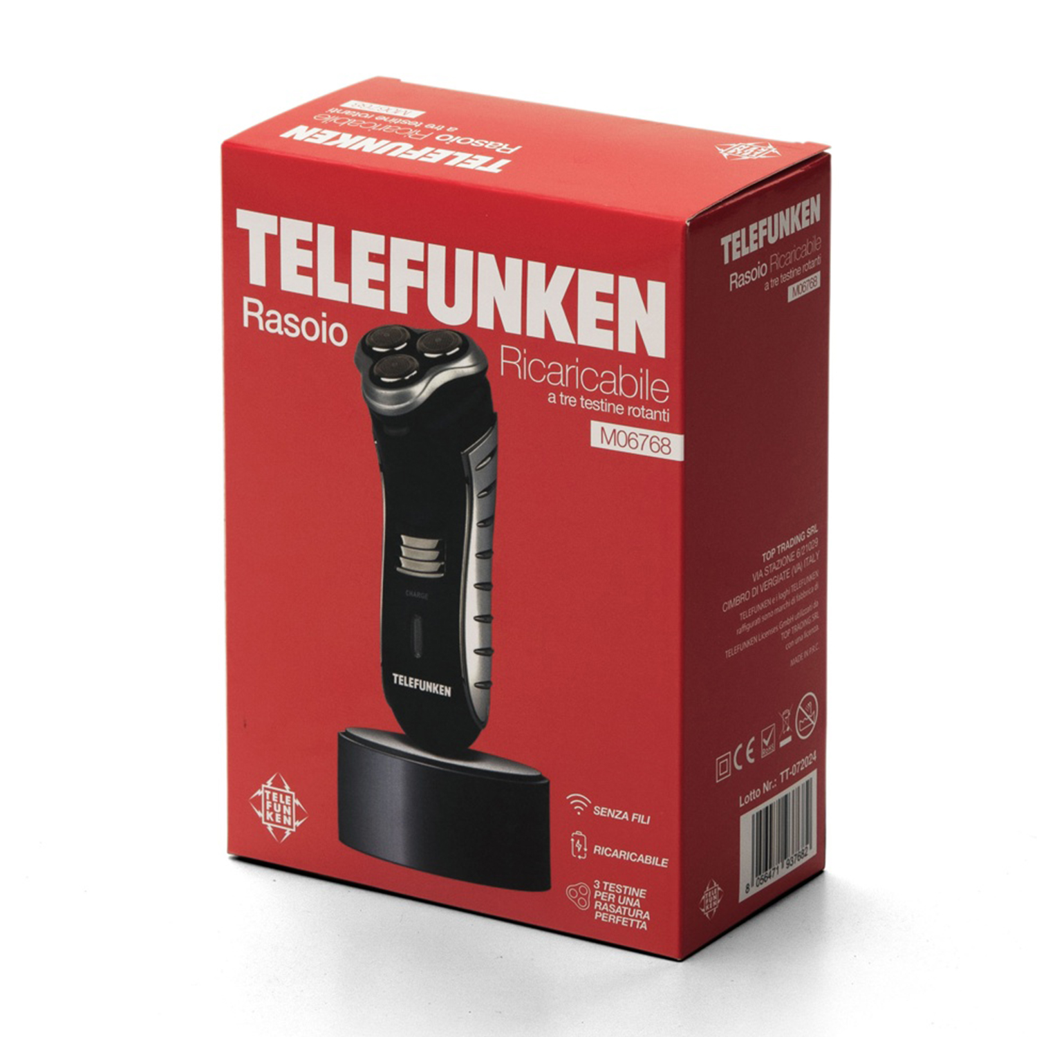 Scatola del rasoio Telefunken rossa e bianca con rasoio visibile. Base di ricarica nera.