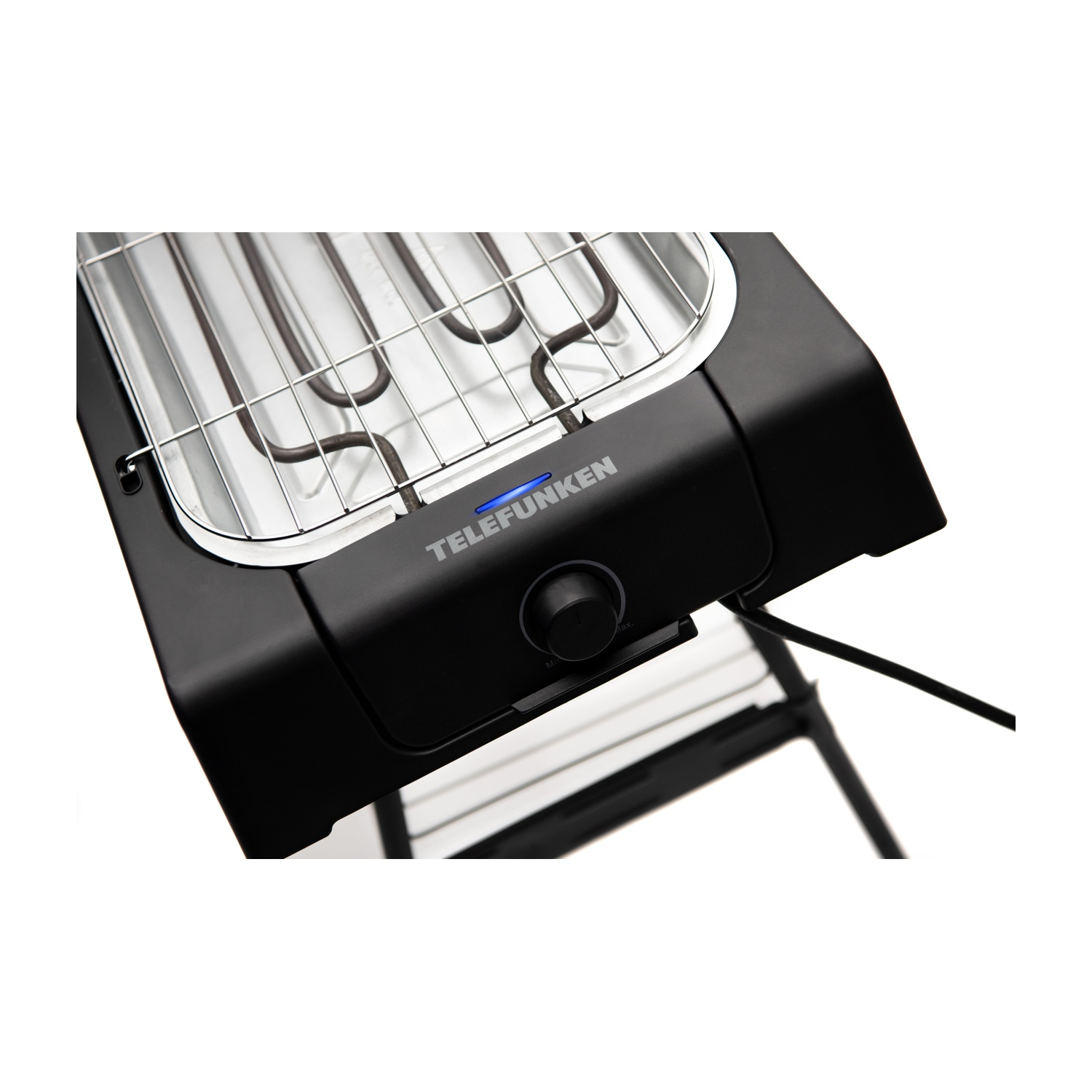 Griglia elettrica Telefunken. Corpo nero, griglia argentata, manopola. Luce blu accesa davanti.