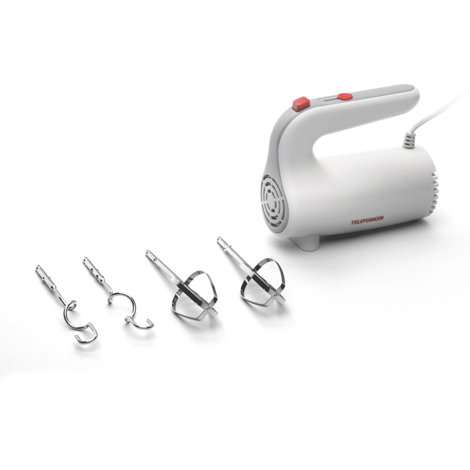 Un frullatore a mano Telefunken bianco e grigio con 4 accessori.