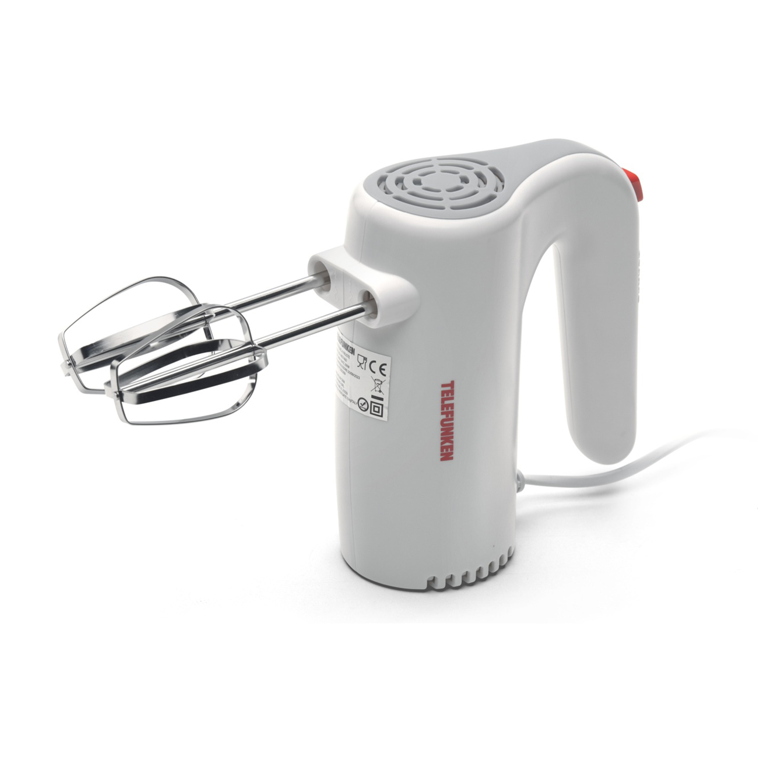 Un frullatore a mano bianco e grigio con il marchio TELEFUNKEN.