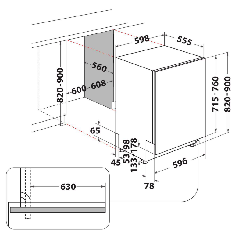Mosogatógép diagramja, méretekkel és mérésekkel, műszaki rajz formátumban.