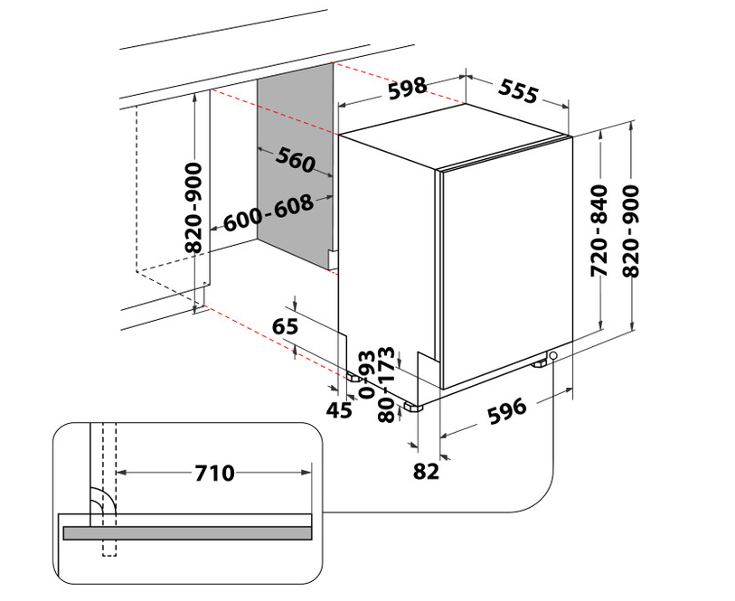 Egy mosogatógép diagramja méretmérésekkel.