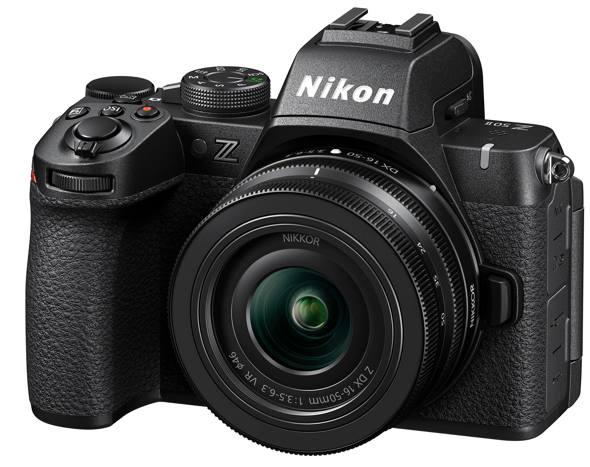 Schwarze Nikon Z-Kamera mit Objektiv und Blitz.