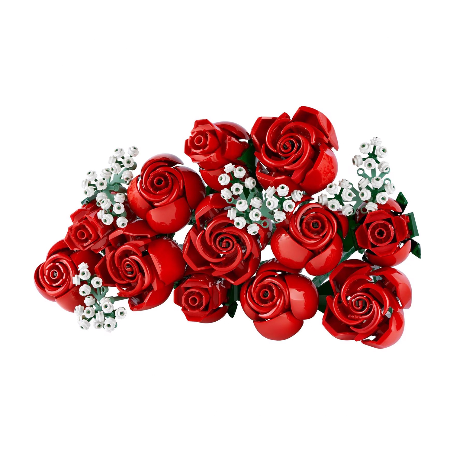 Un bouquet di rose rosse con piccoli fiori bianchi. Rose in piena fioritura, foglie verdi.