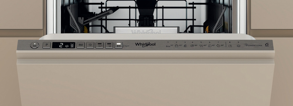 A Whirlpool mosogatógép vezérlőpaneljének közeli képe. Időt, programot és beállításokat jelenít meg.
