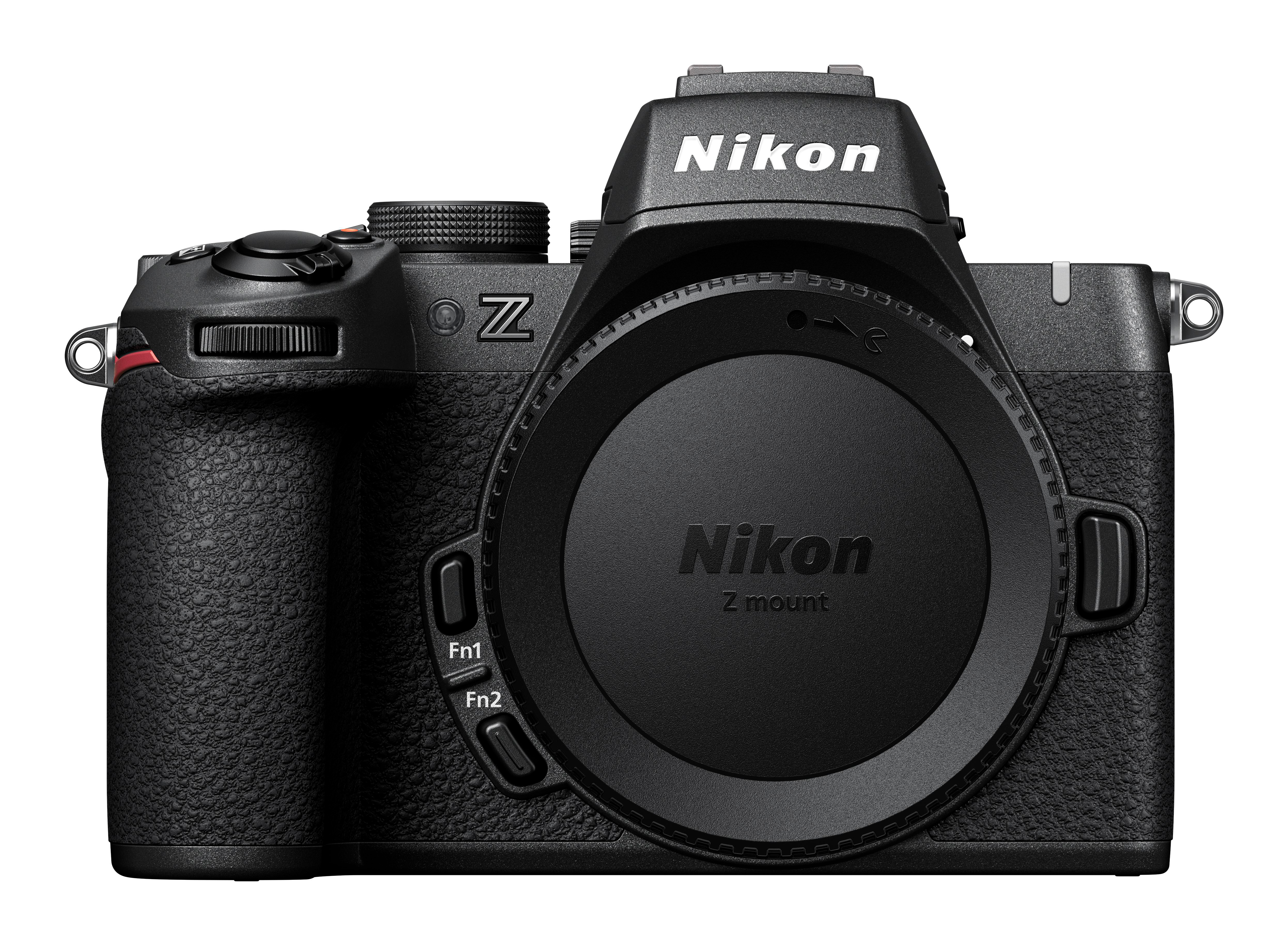 Schwarze Nikon Z Kamera mit Objektivabdeckung.