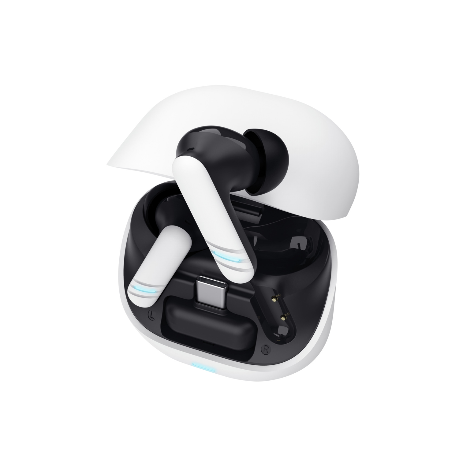 Earbuds in a charging case, open with black and white design.
