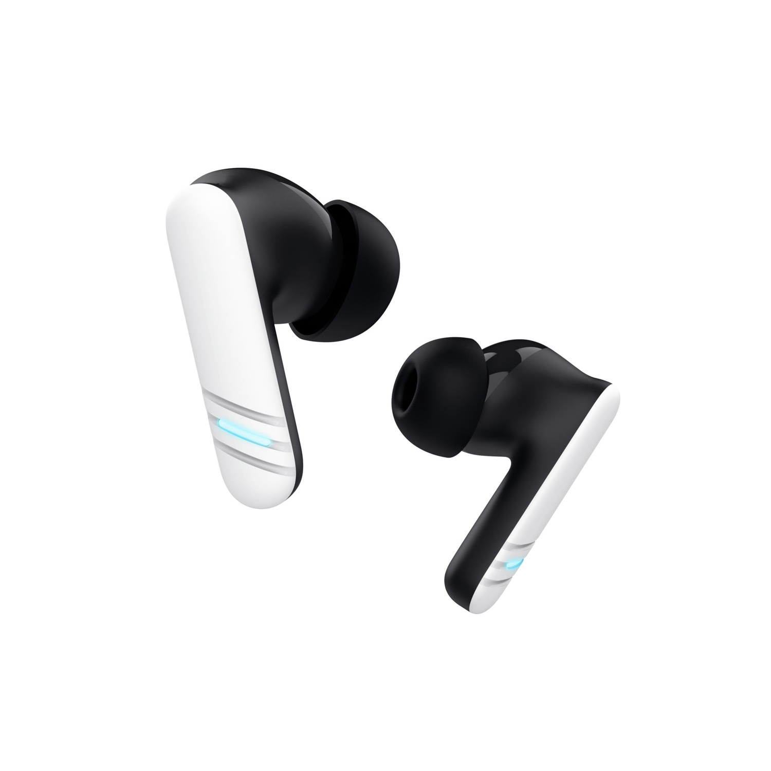 Pair of black and white wireless earbuds on white background. Angled view.